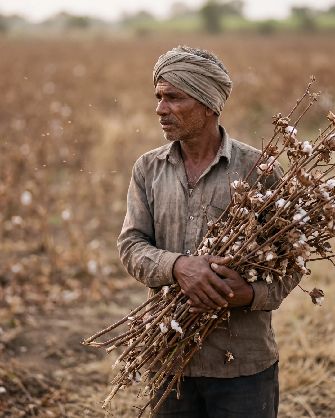 A farmer standing in a green field at golden hour