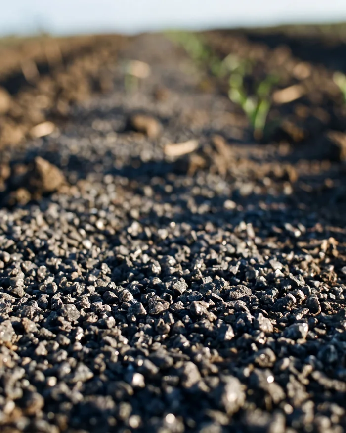 Crushed basalt spread across a tilled field