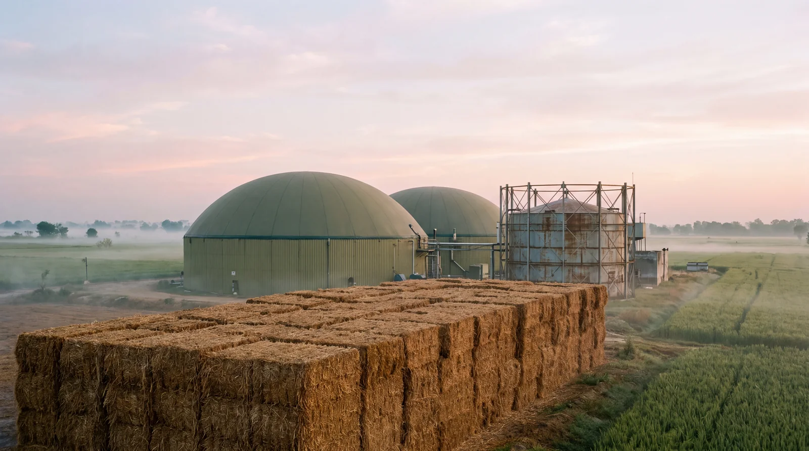 Biogas digester domes beside bales of crop residue at dawn
