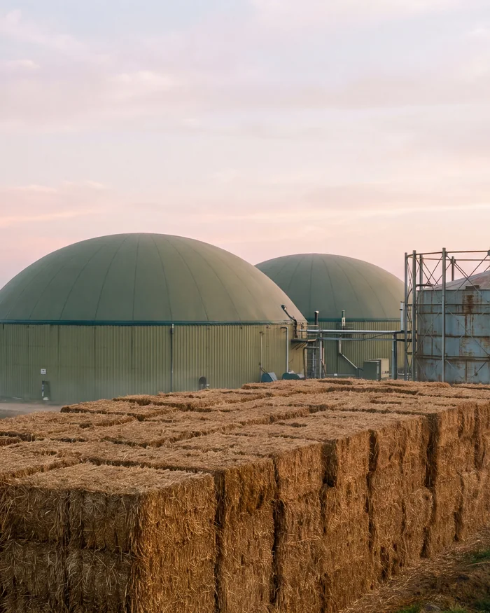 Biogas digester domes beside bales of crop residue at dawn