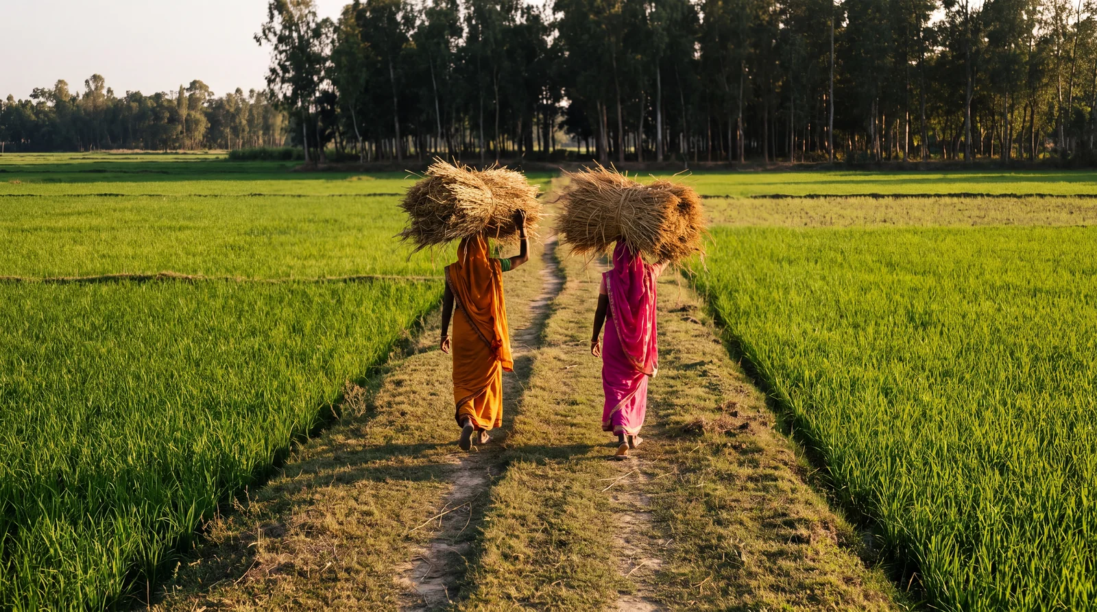 Two women carrying straw along a bund between green rice fields