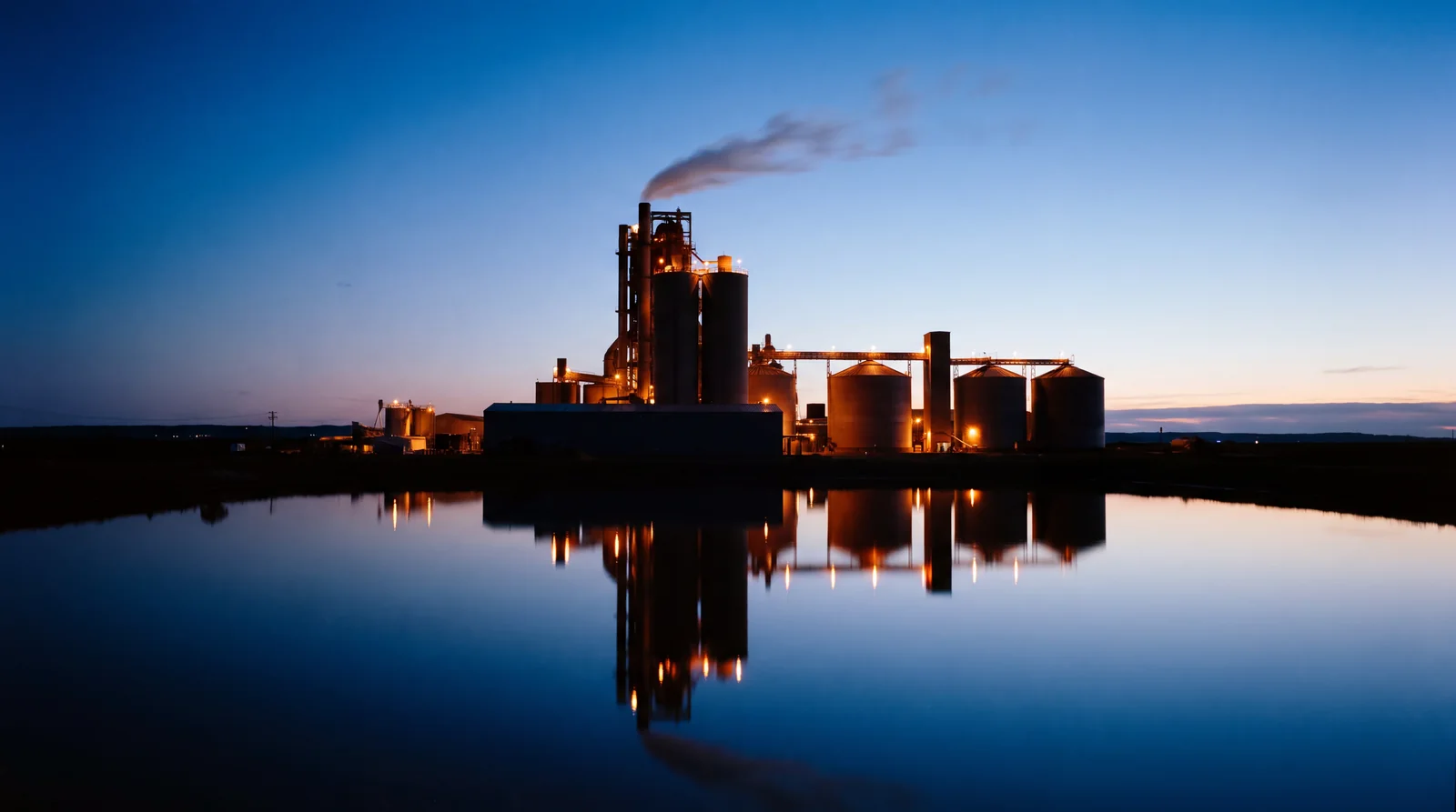 A cement plant lit at blue hour, reflected in a pond