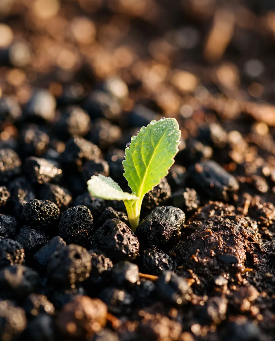 A seedling growing from soil mixed with black biochar