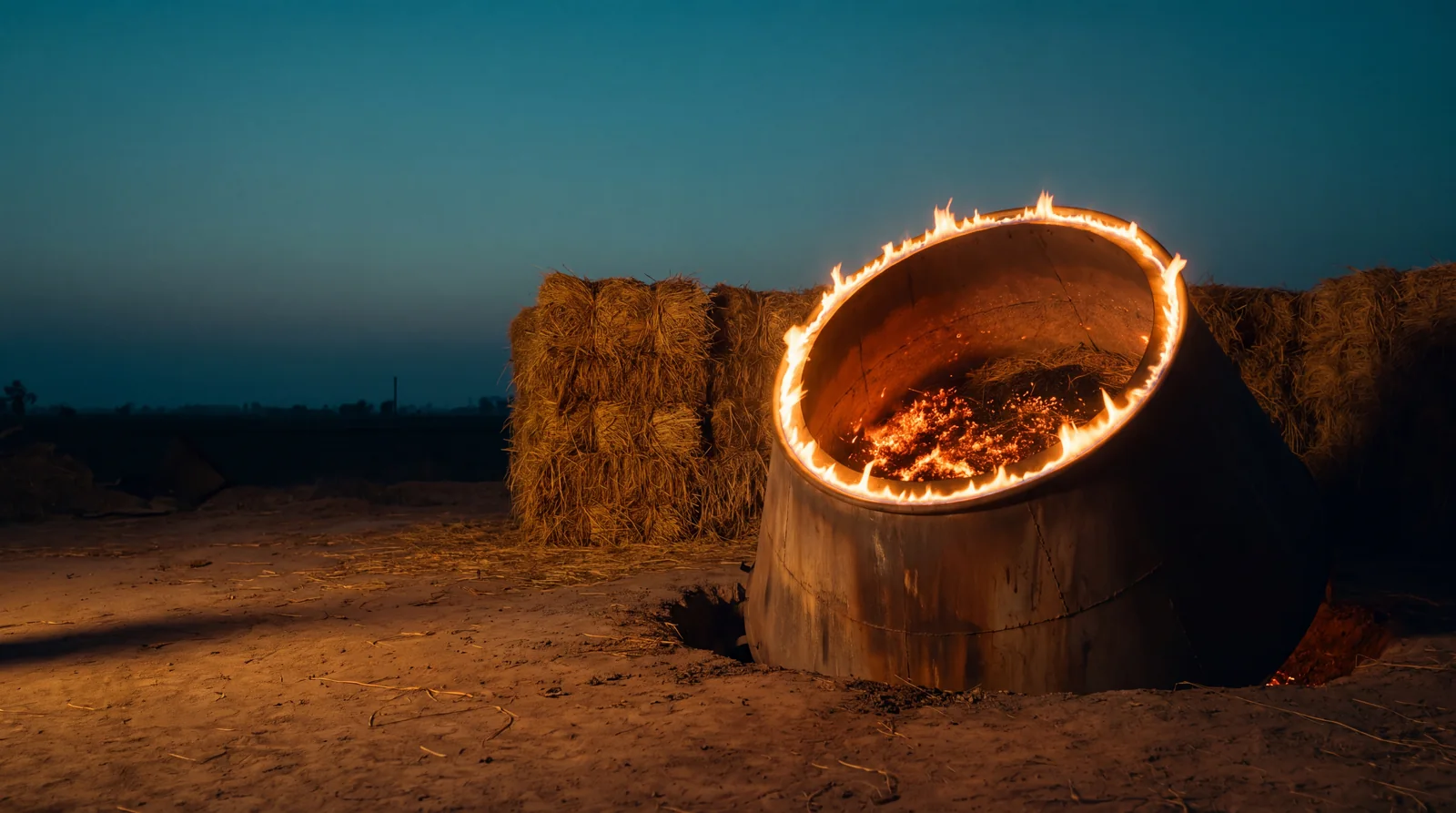 A flame-cap kiln glowing with embers at twilight beside straw bales