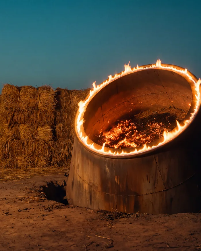 A flame-cap kiln glowing with embers at twilight beside straw bales