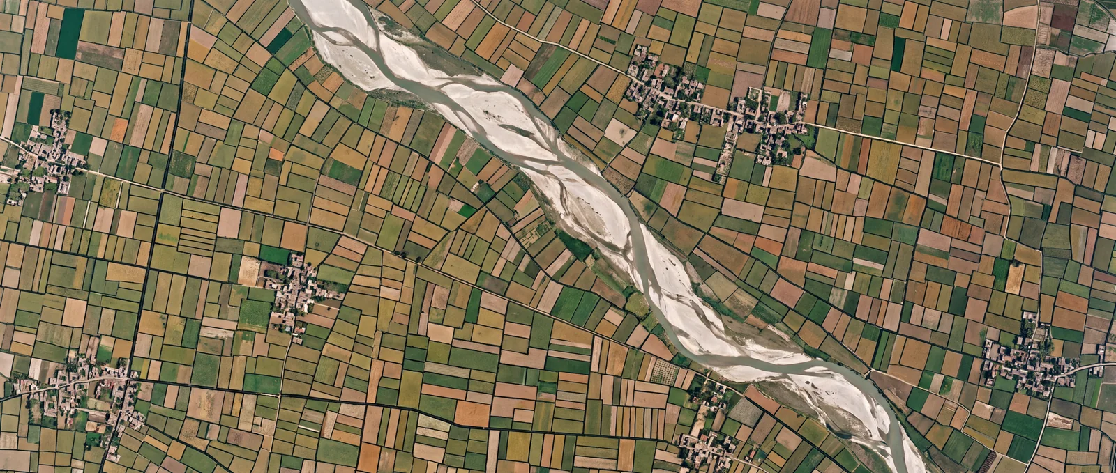 Farmland and a braided river seen from above
