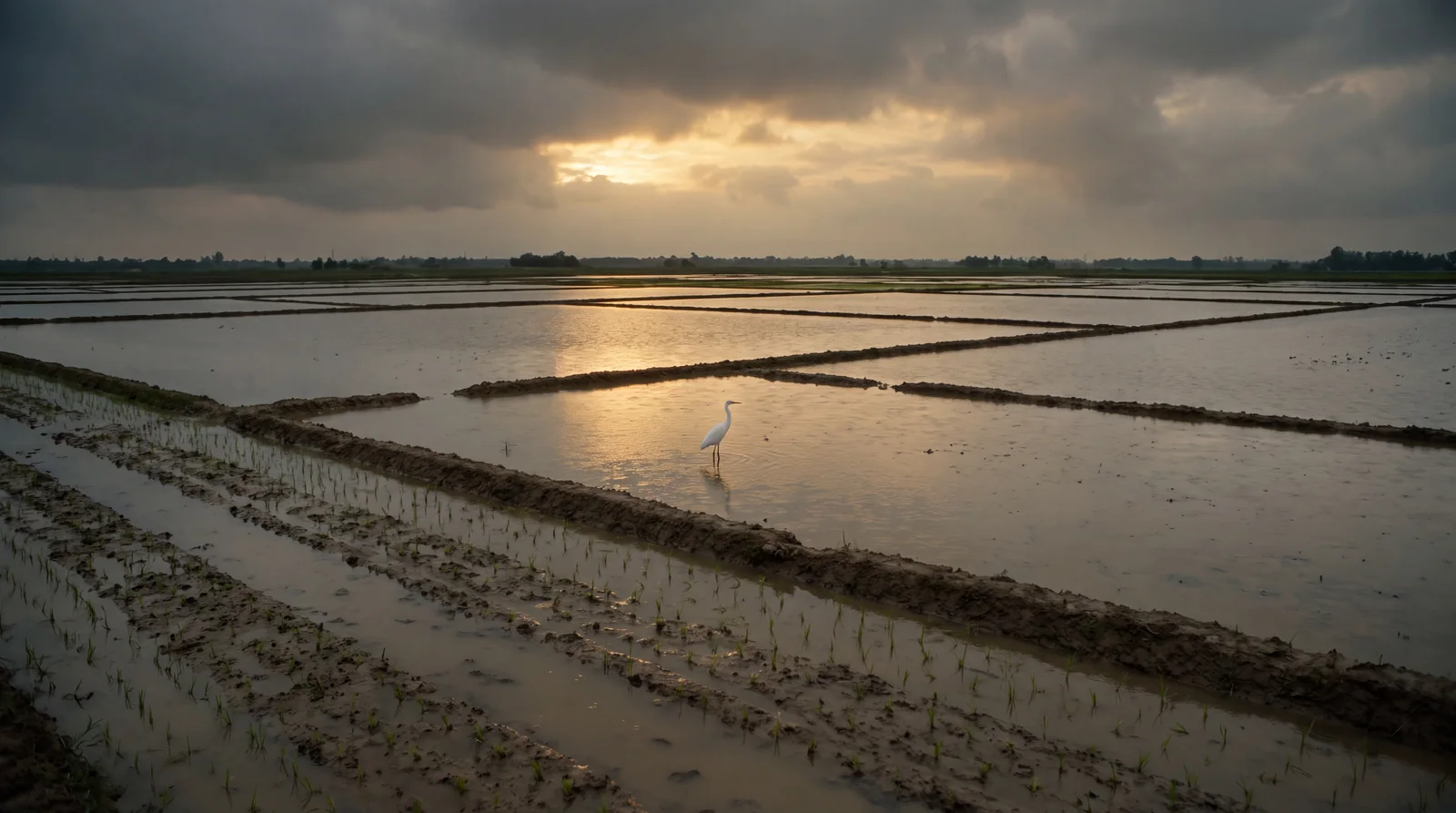 Flooded rice paddies under monsoon clouds, an egret standing in the water