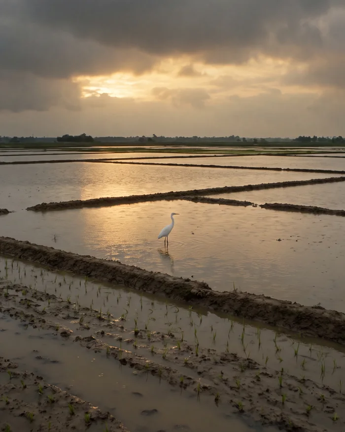 Flooded rice paddies under monsoon clouds, an egret standing in the water