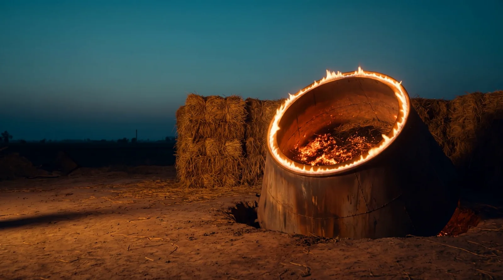 A flame-cap kiln glowing with embers at twilight beside straw bales