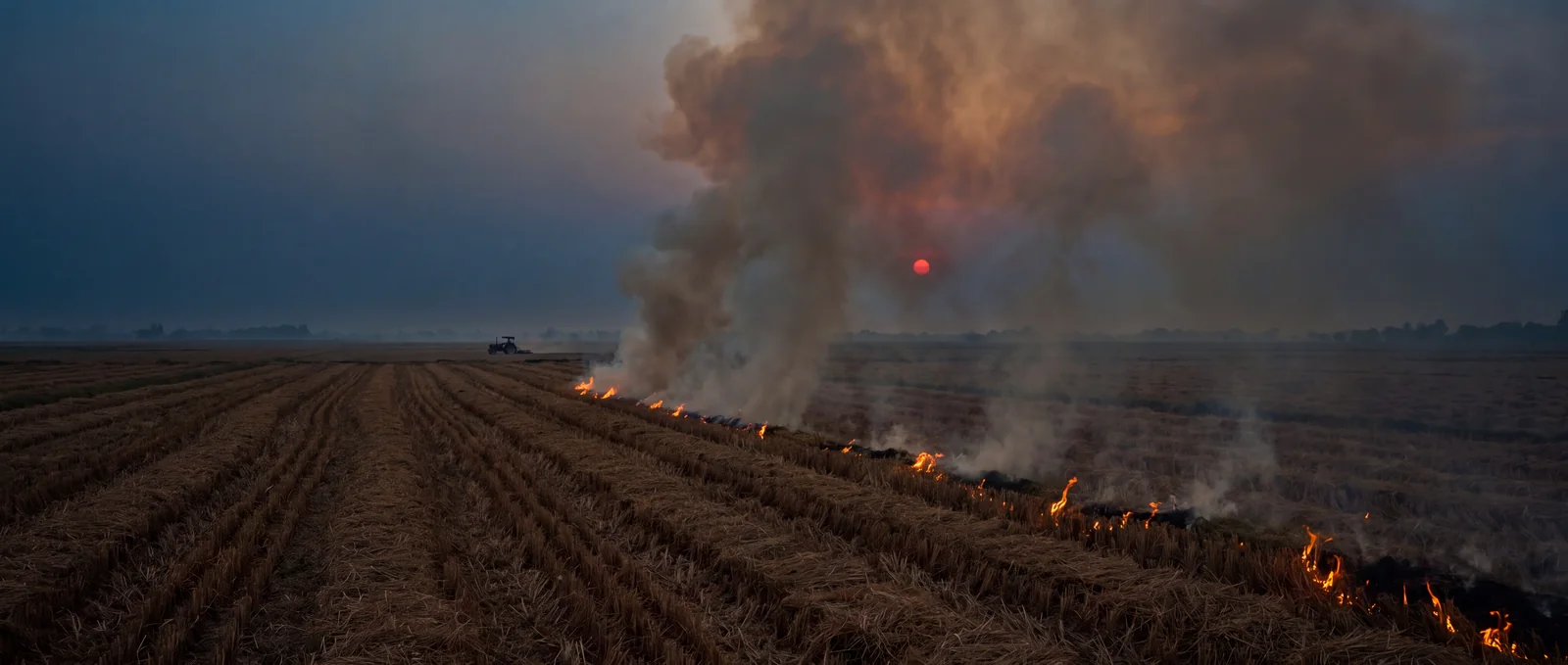 Rice stubble burning in a field at dusk under a column of smoke