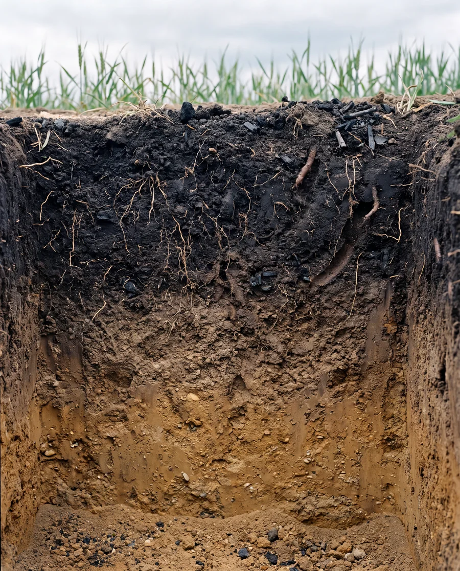 A soil profile with dark topsoil, roots and charcoal fragments
