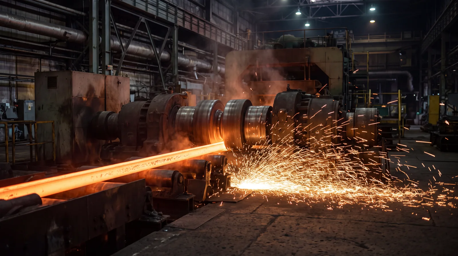 A glowing steel bar running through the rollers of a mill