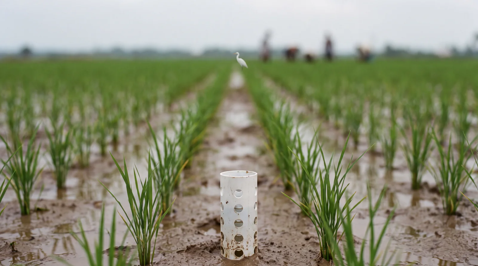 A perforated water tube standing in a young rice field