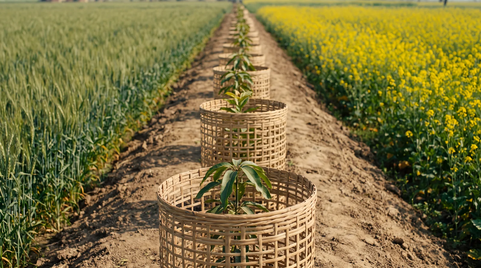 Young trees in woven guards along a bund, wheat on one side and mustard on the other