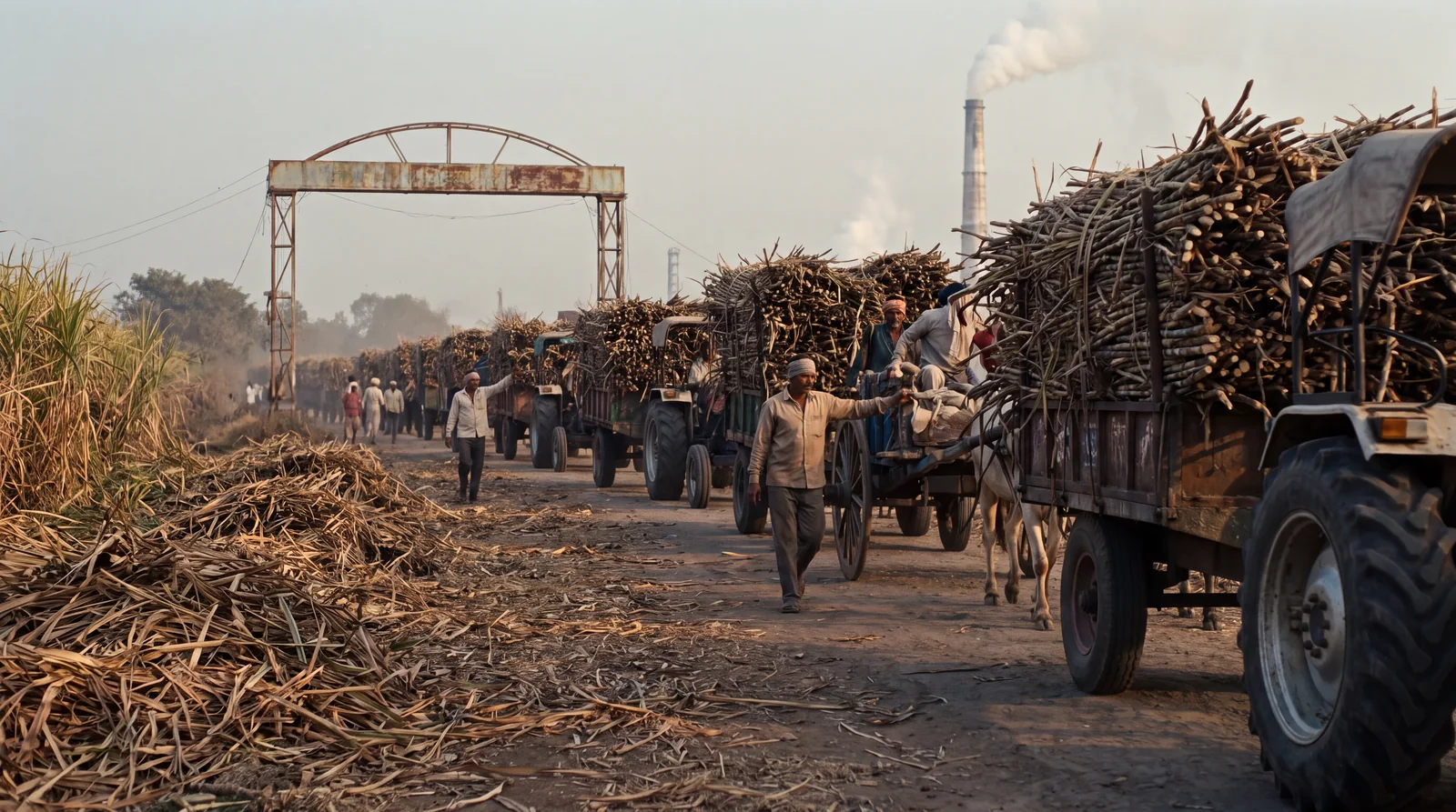 Tractors with trolleys of sugarcane queued at a mill gate
