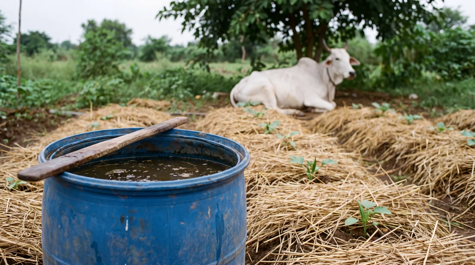 A blue drum of fermenting farm preparation beside mulched beds, a cow resting behind