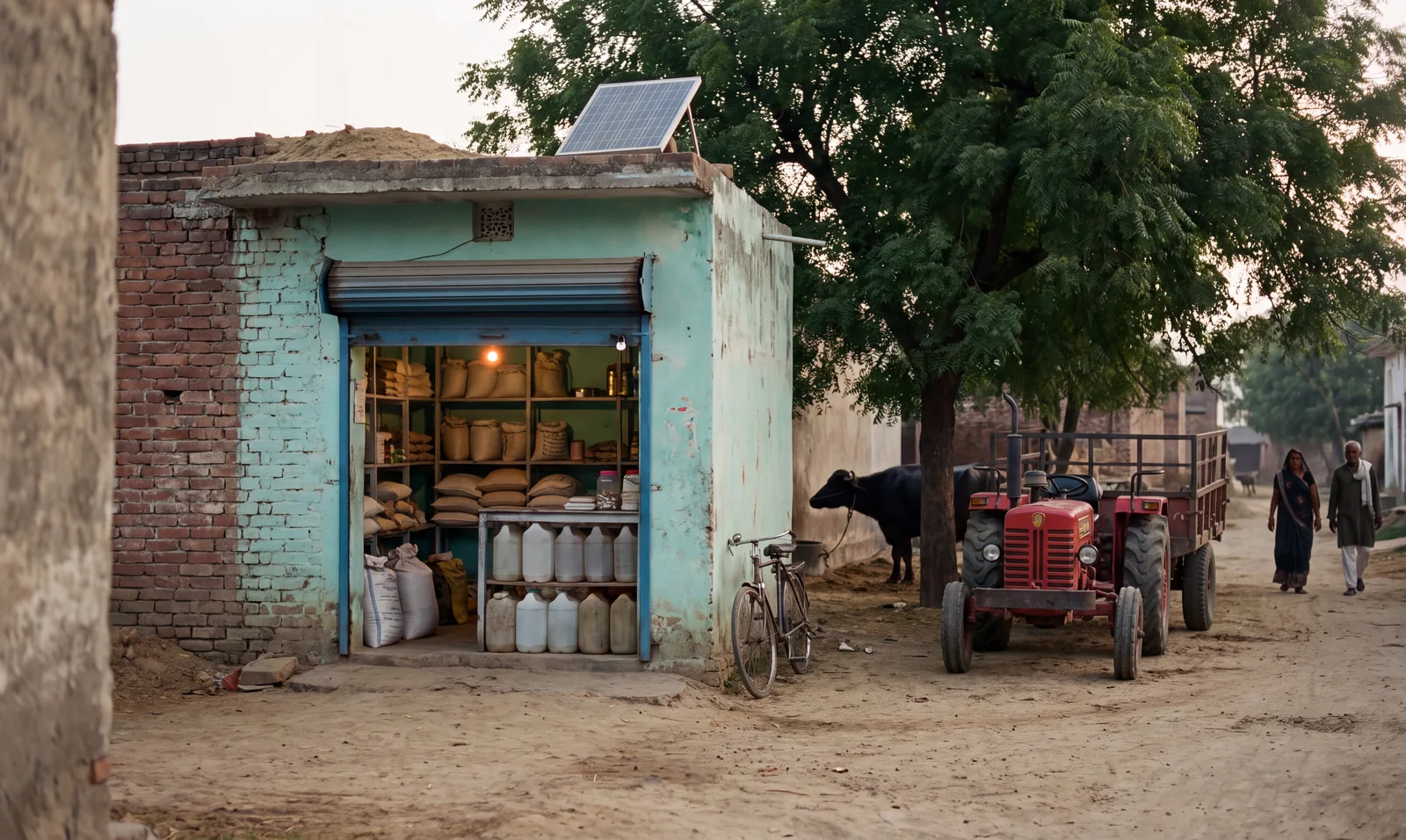 A village shop with sacks and cans on its shelves, a tractor parked outside