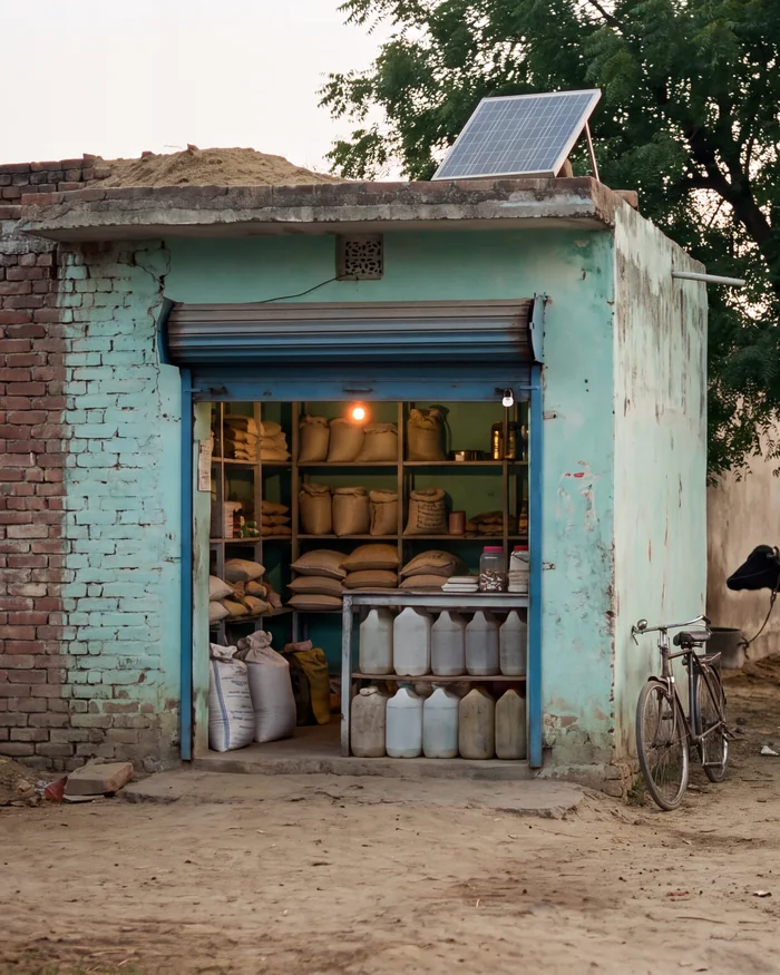 A village shop with sacks and cans on its shelves, a tractor parked outside