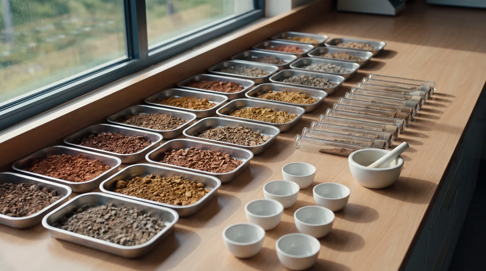 Soil samples laid out in trays on a laboratory bench