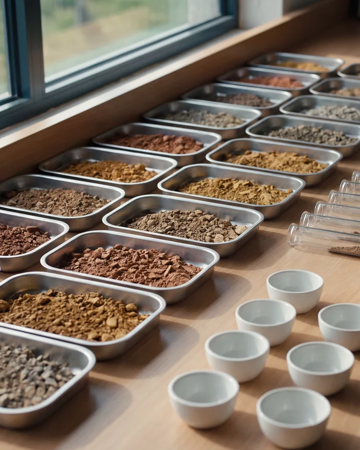 Soil samples laid out in trays on a laboratory bench
