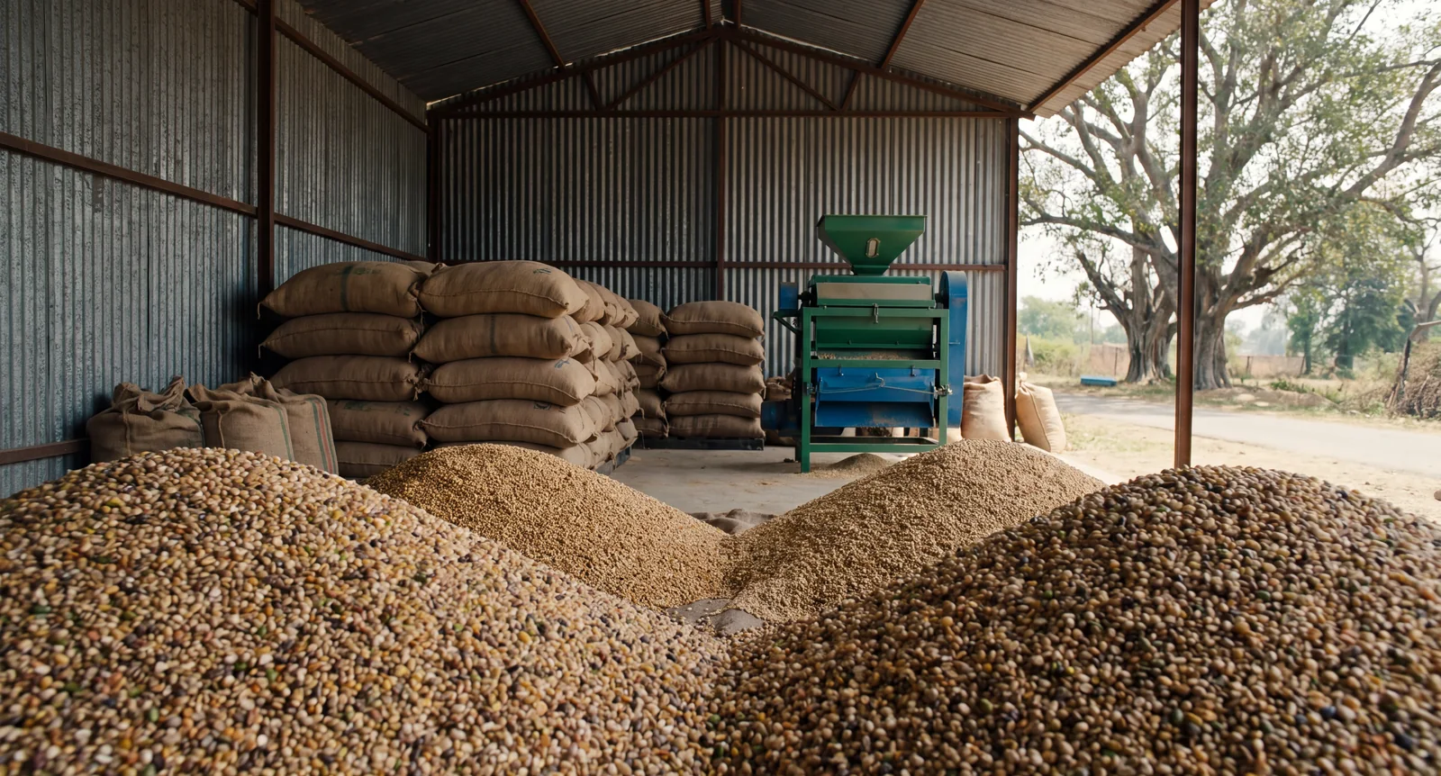 Jute sacks and heaps of grain in a store shed, with a grain cleaner
