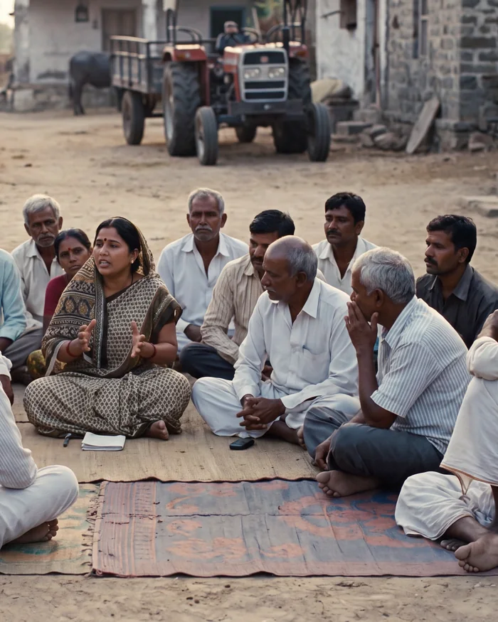 Farmers seated on mats at a village meeting