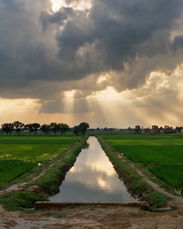 Storm clouds and shafts of light over rice fields and an irrigation channel