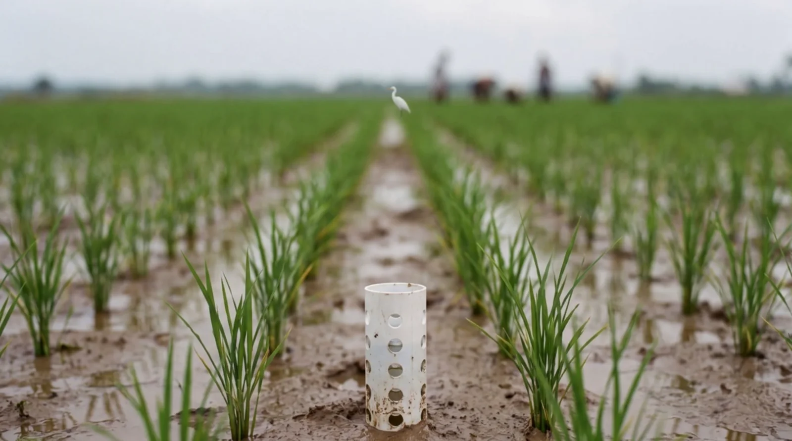 A perforated water tube standing in a young rice field, an egret lifting off