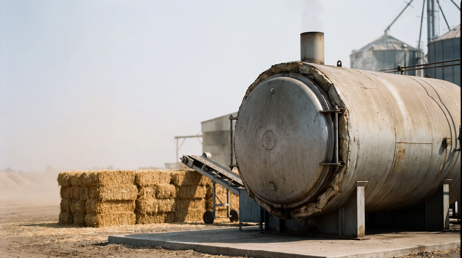 A steel retort beside stacked straw bales in a grain yard