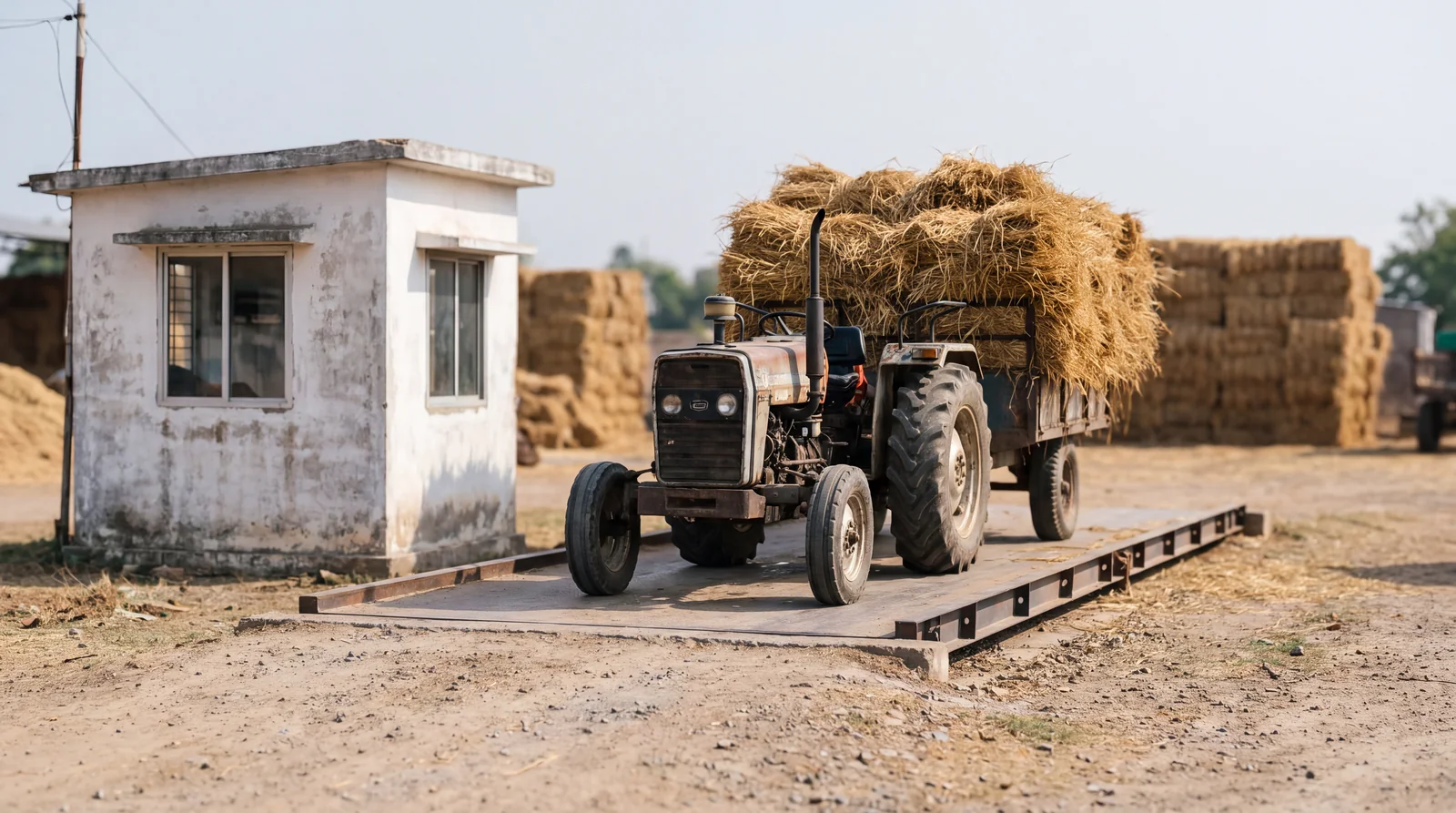 A tractor with a trolley of straw on a weighbridge