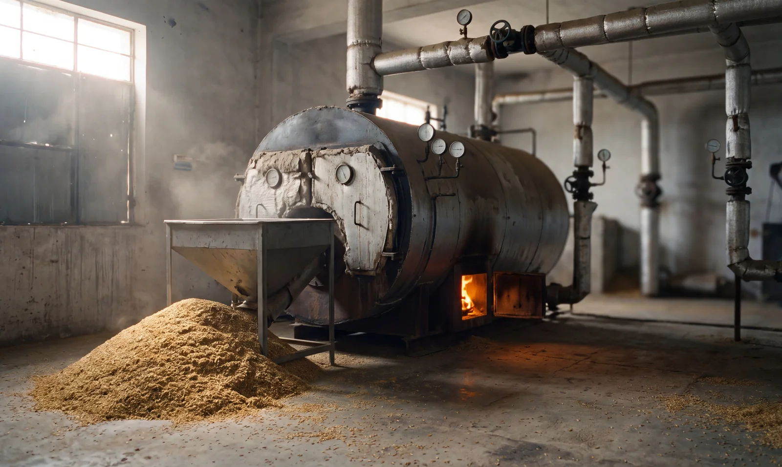 A husk-fired boiler in a small mill, rice husk heaped beside the feed hopper