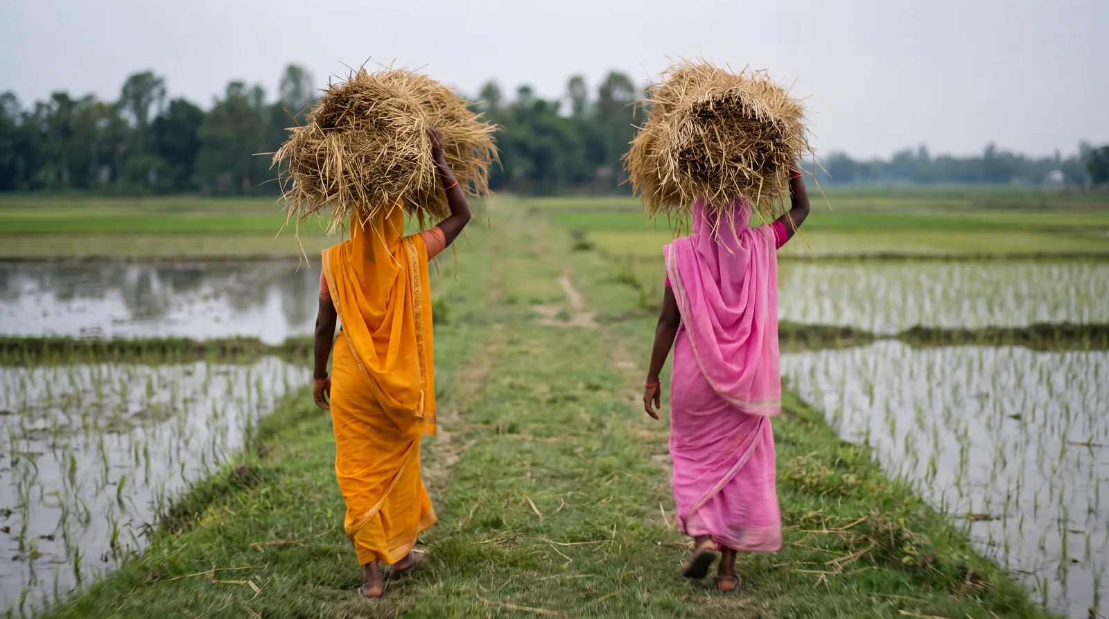 Two women carrying straw along a bund between newly planted rice fields