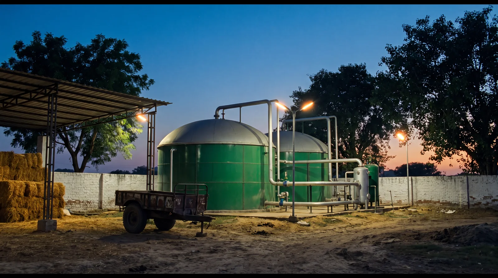 A biogas plant at dusk, straw bales under a shed and trees behind the wall