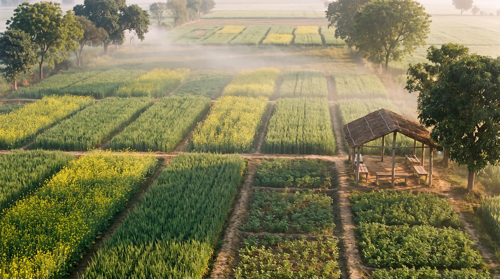 Demonstration plots of wheat and mustard around a thatched shelter, a mango tree beside it