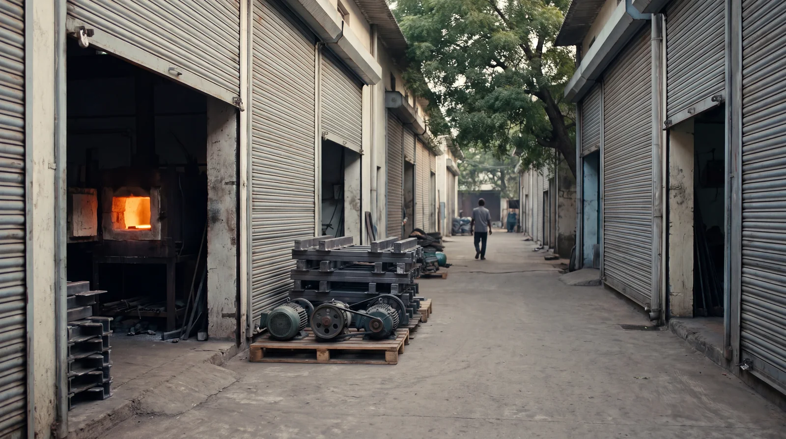 A lane of small workshops with a furnace glowing inside one of them