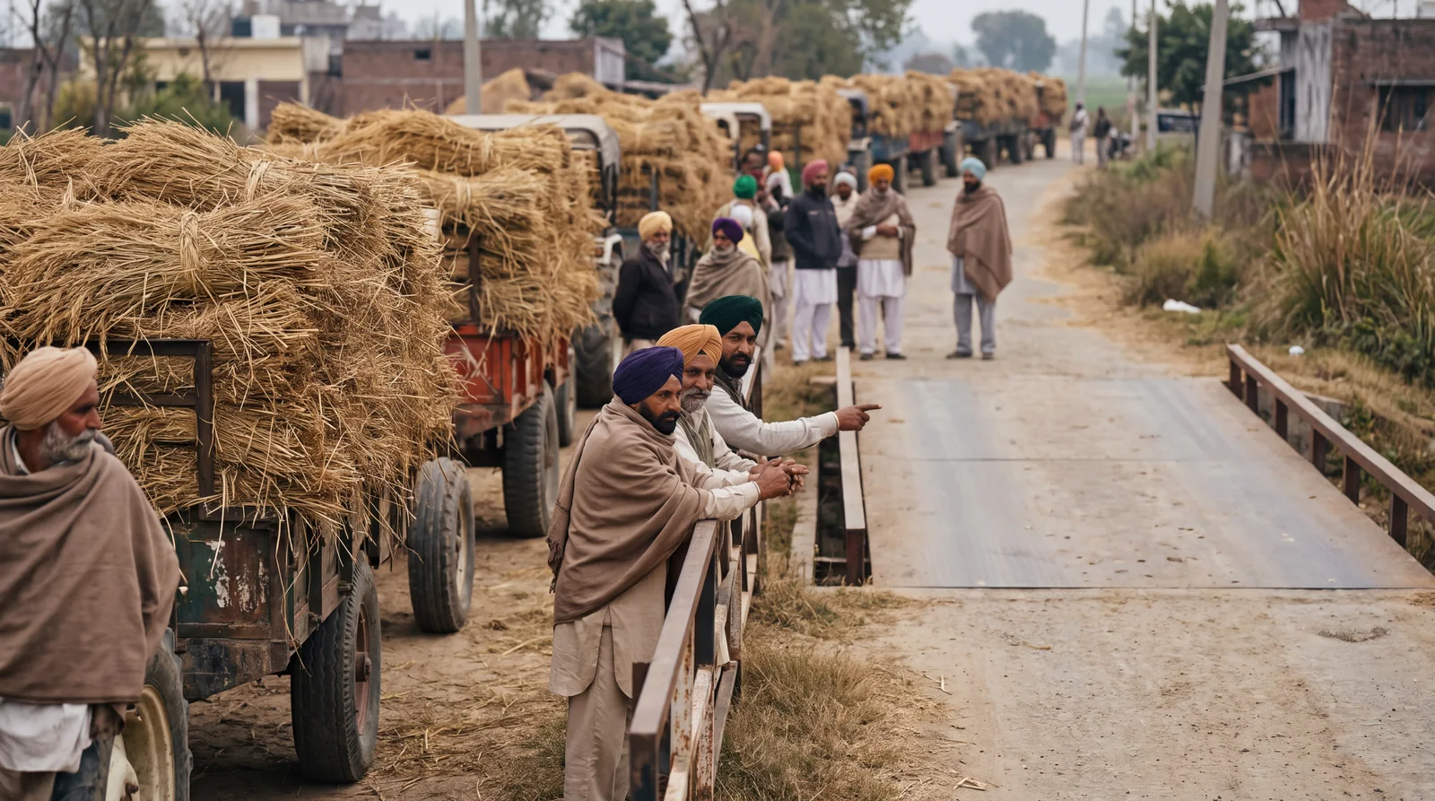 Tractor trolleys of paddy straw queued beside a weighbridge