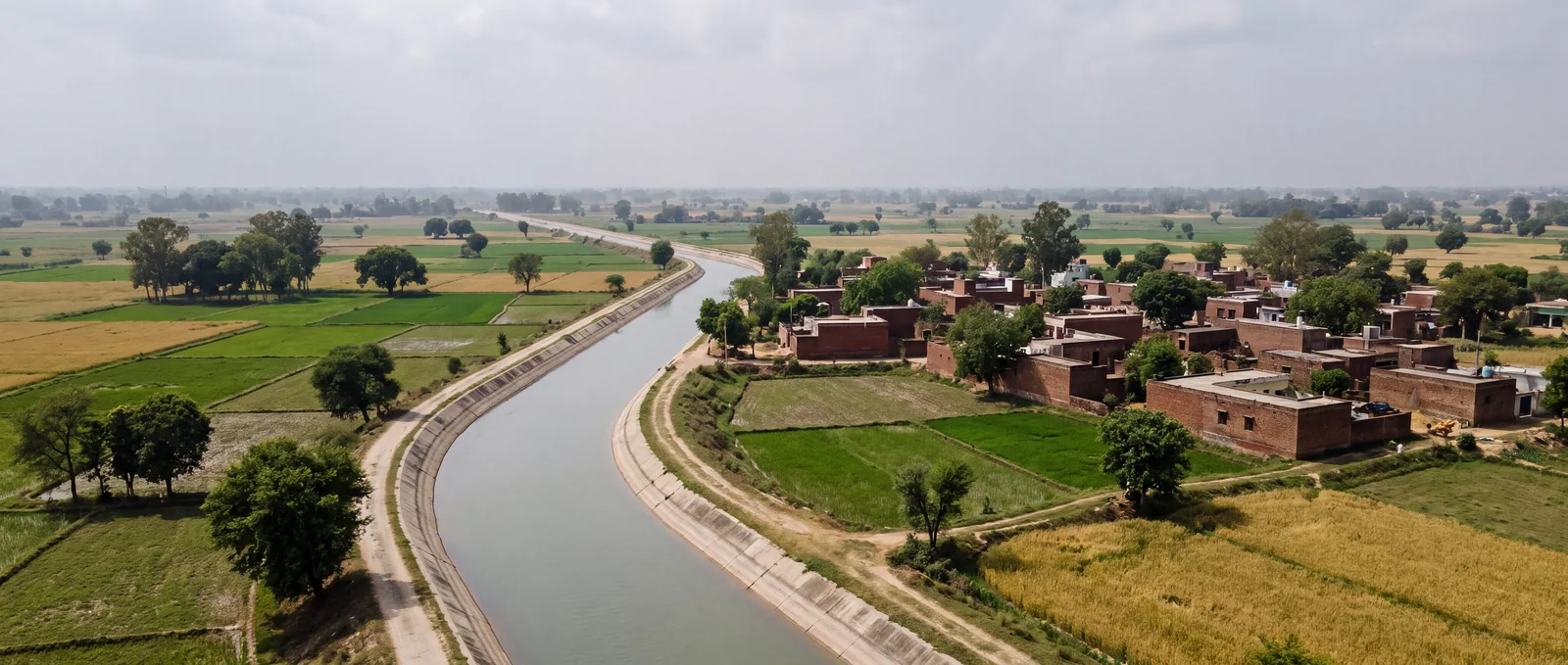 Aerial view of a canal running through green fields beside a brick village, with neem and kikar trees