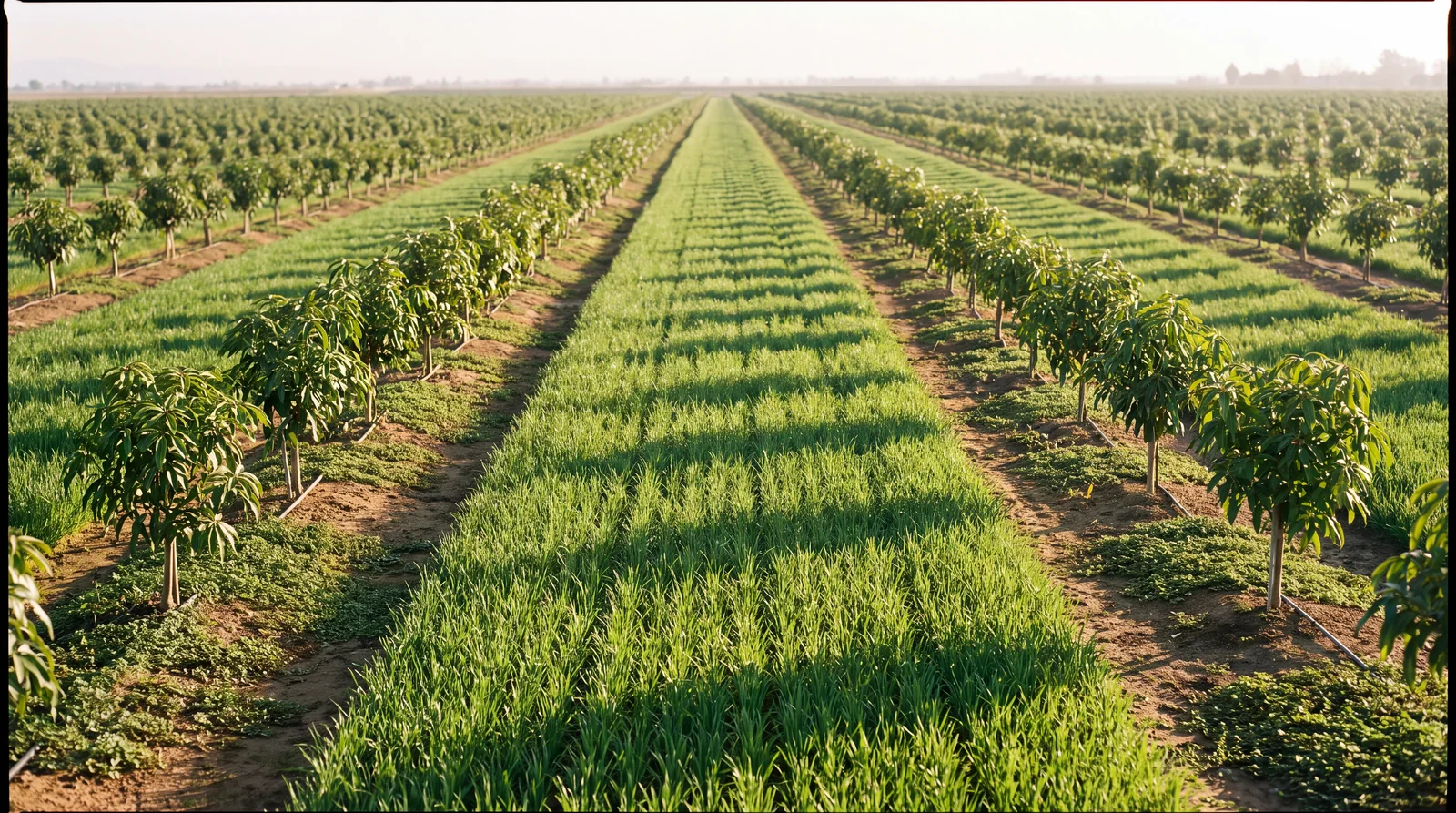 Young mango trees in rows with wheat growing between them