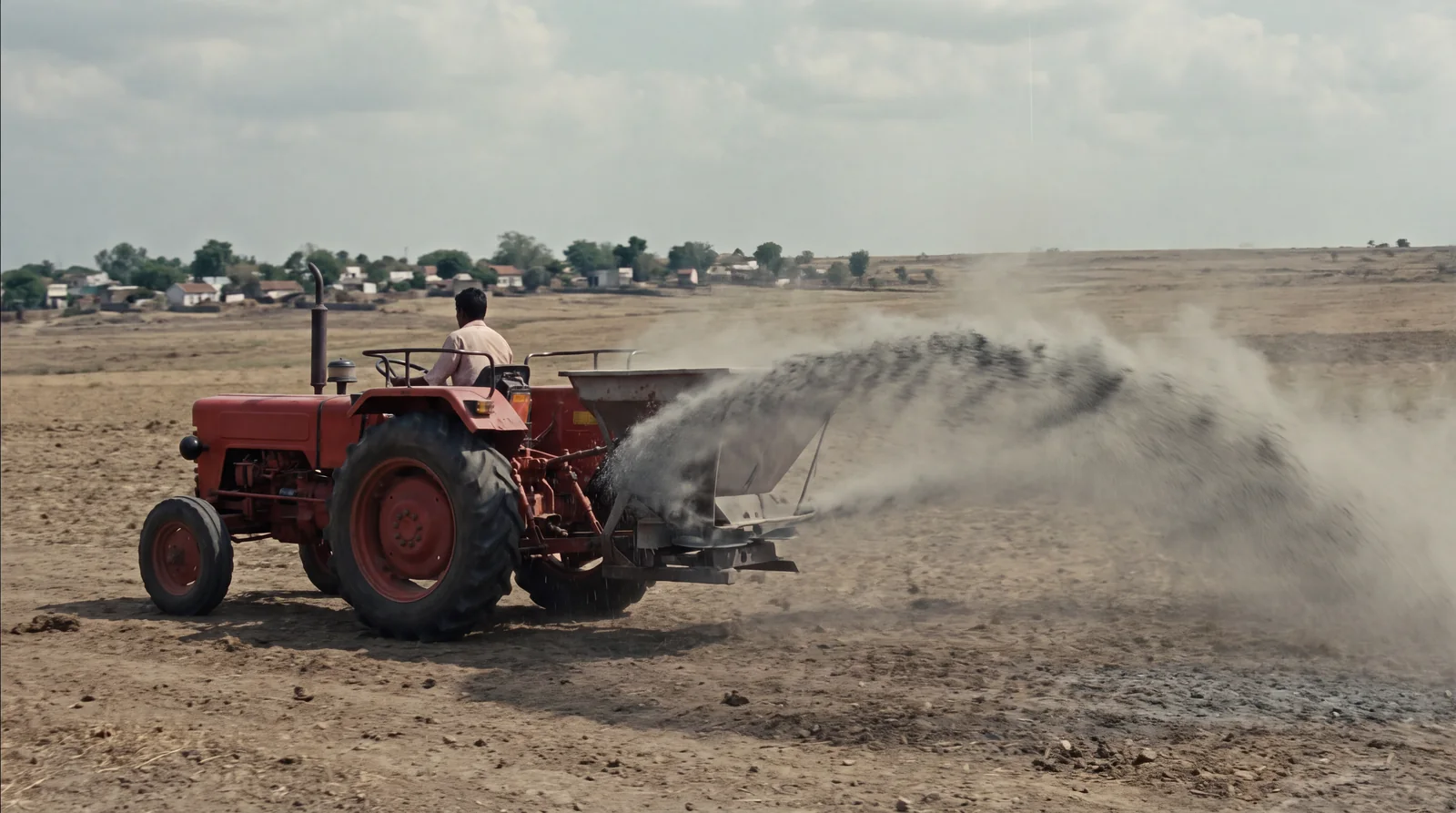 A tractor spreading crushed rock across a ploughed field