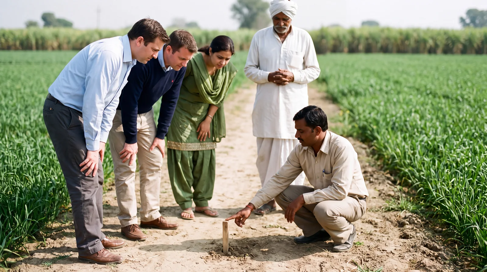 Visitors and a field officer looking at a soil sampling peg between wheat fields
