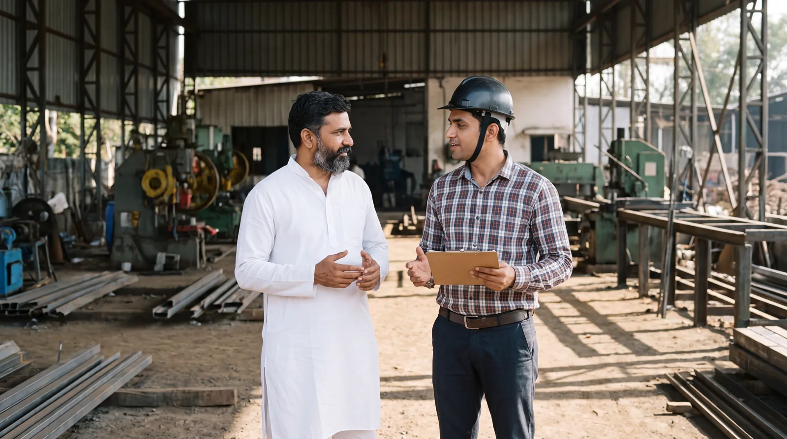 A workshop owner and an engineer with a clipboard talking in a fabrication shed